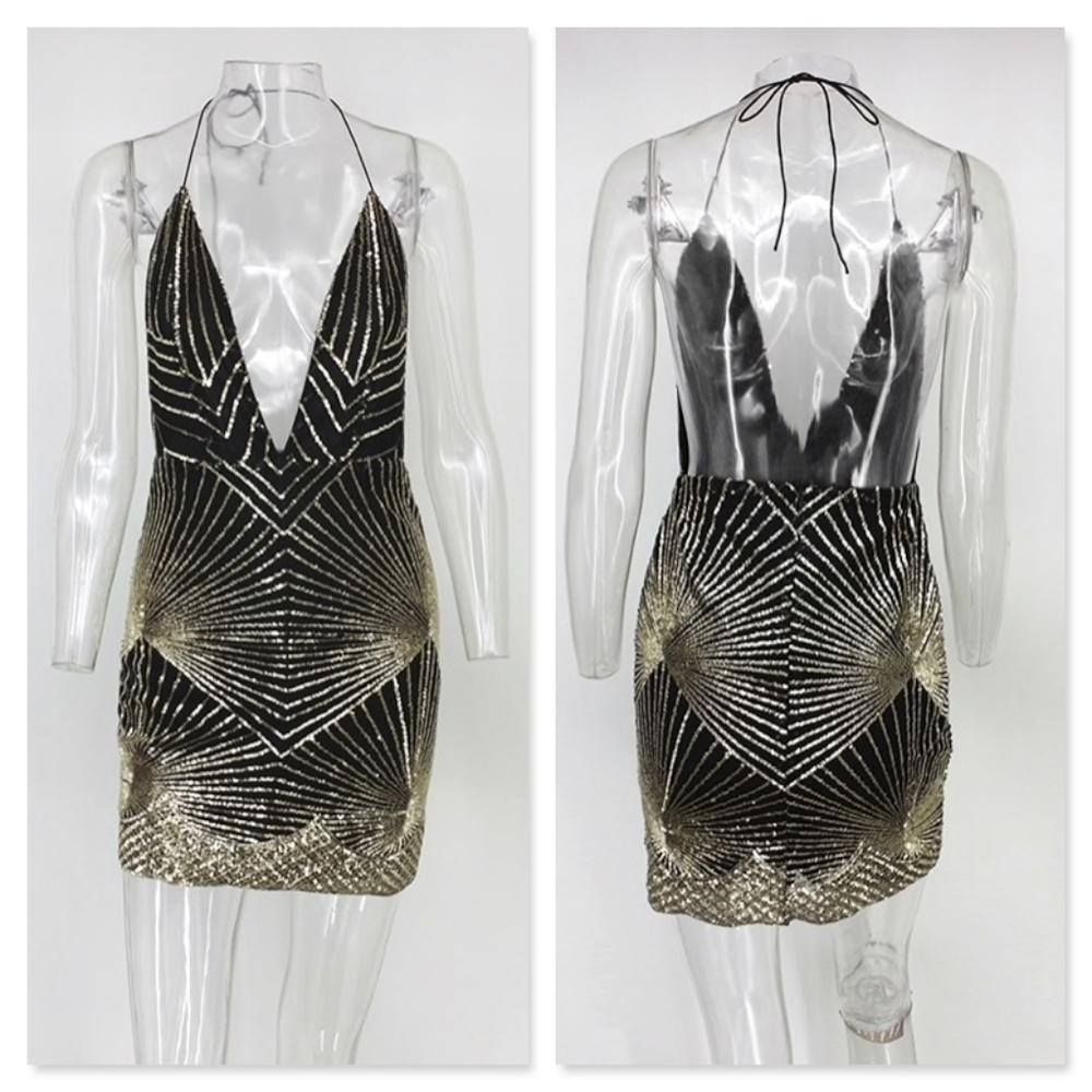 Plunging V-Neck Backless Sequin Mini Dress Black - Picture 5 of 15